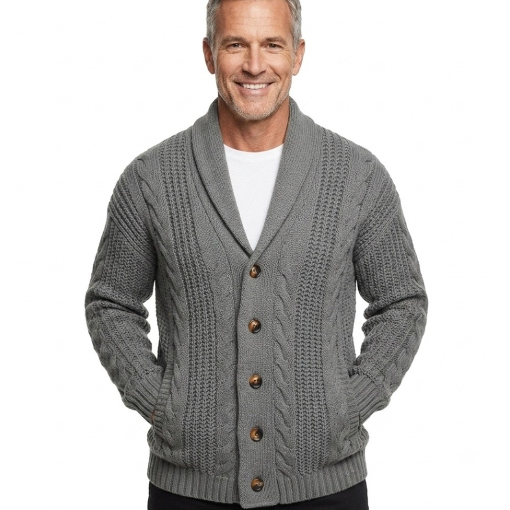 Unbranded Cable Knit Cardigan Mens Sz XXL Grey Shawl Collar Button Front PC0884